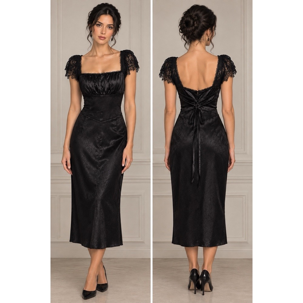 Ellefemme Black Bodycon Satin Midi Dress Lace Contrast Sleeves Women's XL NWT